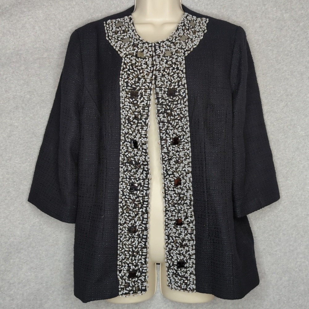 Maggie Sweet Beaded Embellished Black Textured Open Front Jacket Size L